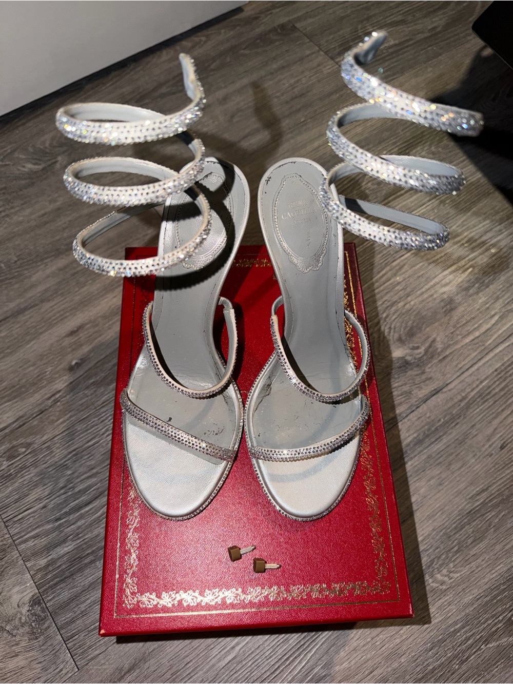 Rene Caovilla White Crystal Spiral Strap Heels